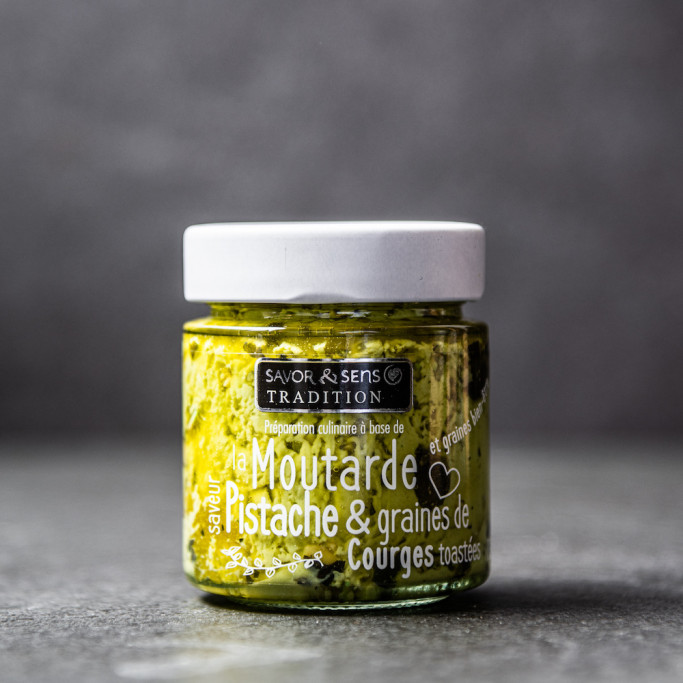 Pistachio mustard with toasted squash seeds