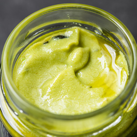 Pistachio mustard with toasted squash seeds